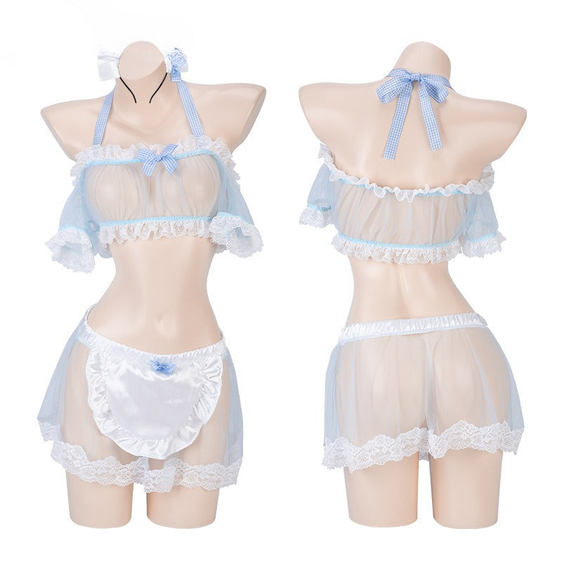 Image of Man smoke erotic underwear sexy halterneck see-through split maid uniform set one piece 8603